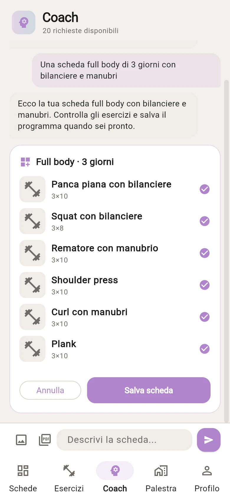 Coach AI Gymx con una richiesta full body e sei esercizi proposti, pronti da verificare e salvare