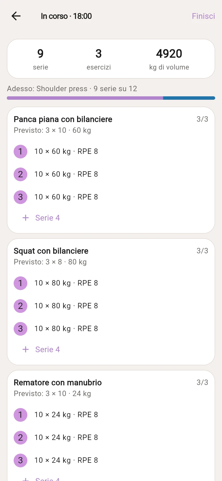 Schermata reale dell’app Gymx con gli esercizi della sessione di allenamento